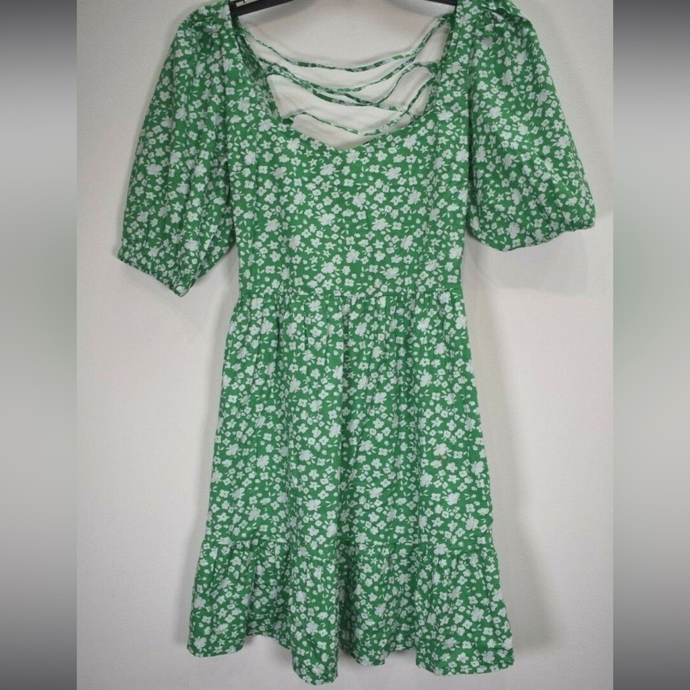 Asos Womens Puff Short Sleeve Tie Up Back Tiered Mini Dress 14 - Picture 5 of 5